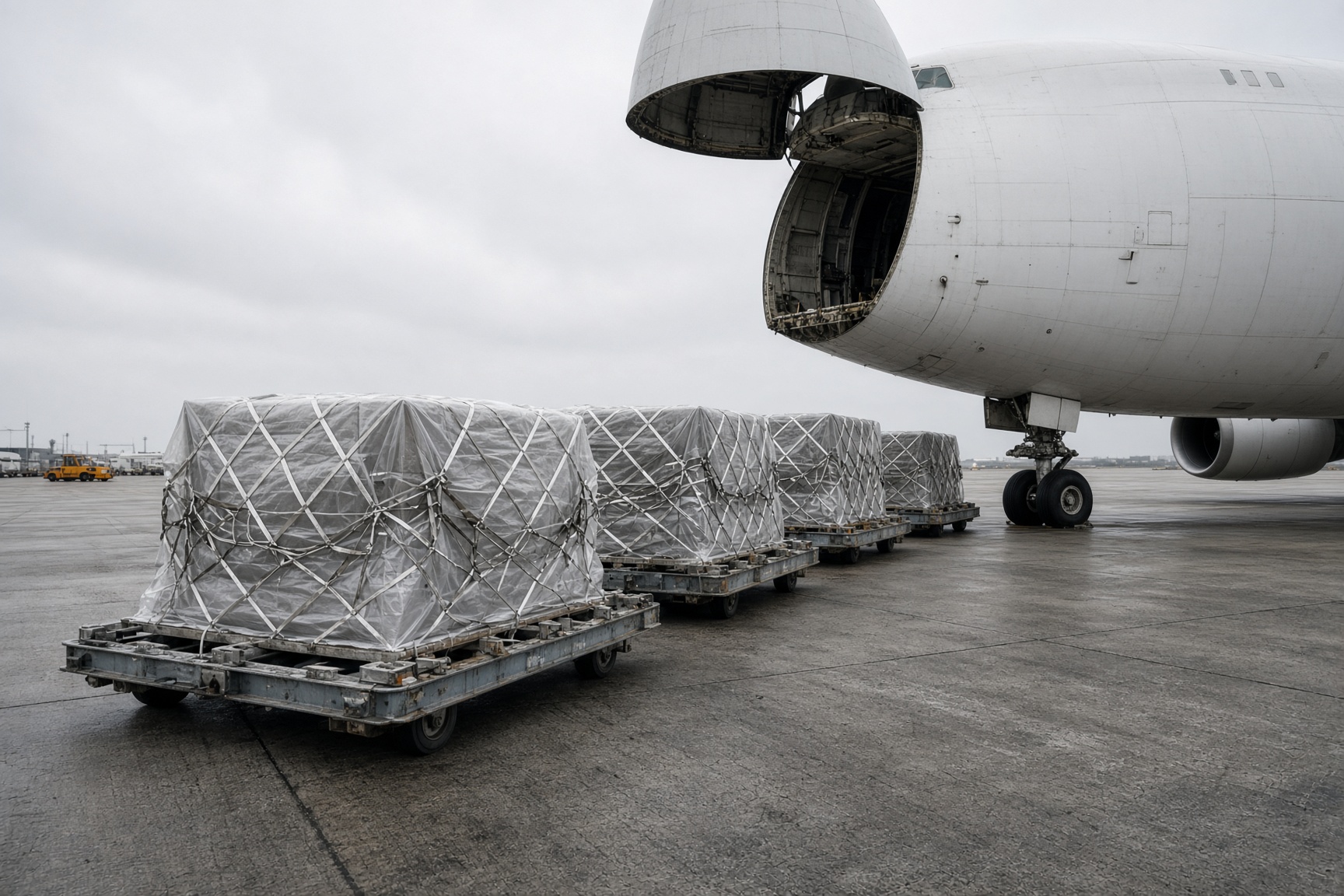 Luftfrachtpaletten auf dem Vorfeld vor einem Frachtflugzeug