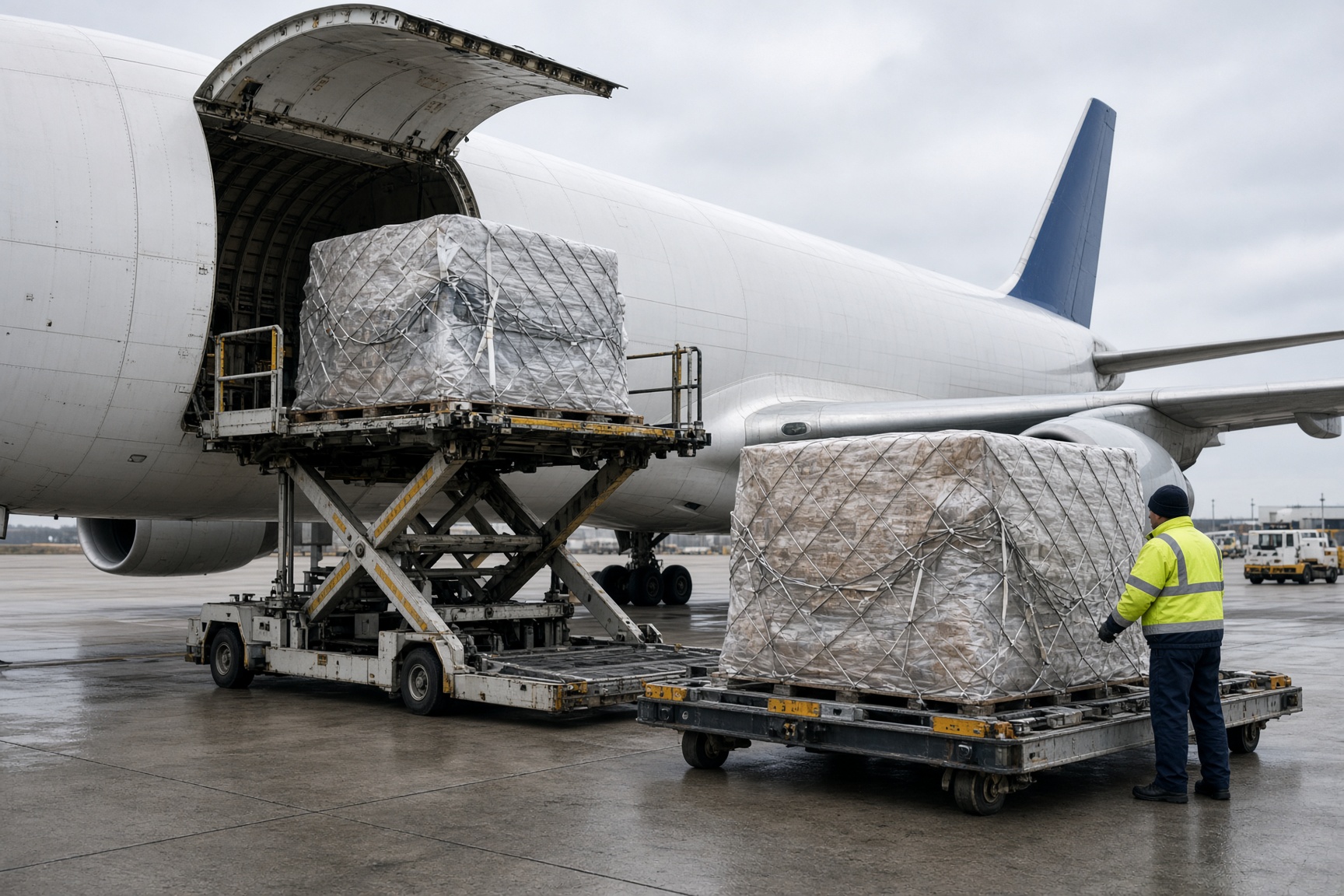 Luftfrachtpaletten werden auf dem Vorfeld zu einem Frachtflugzeug gebracht