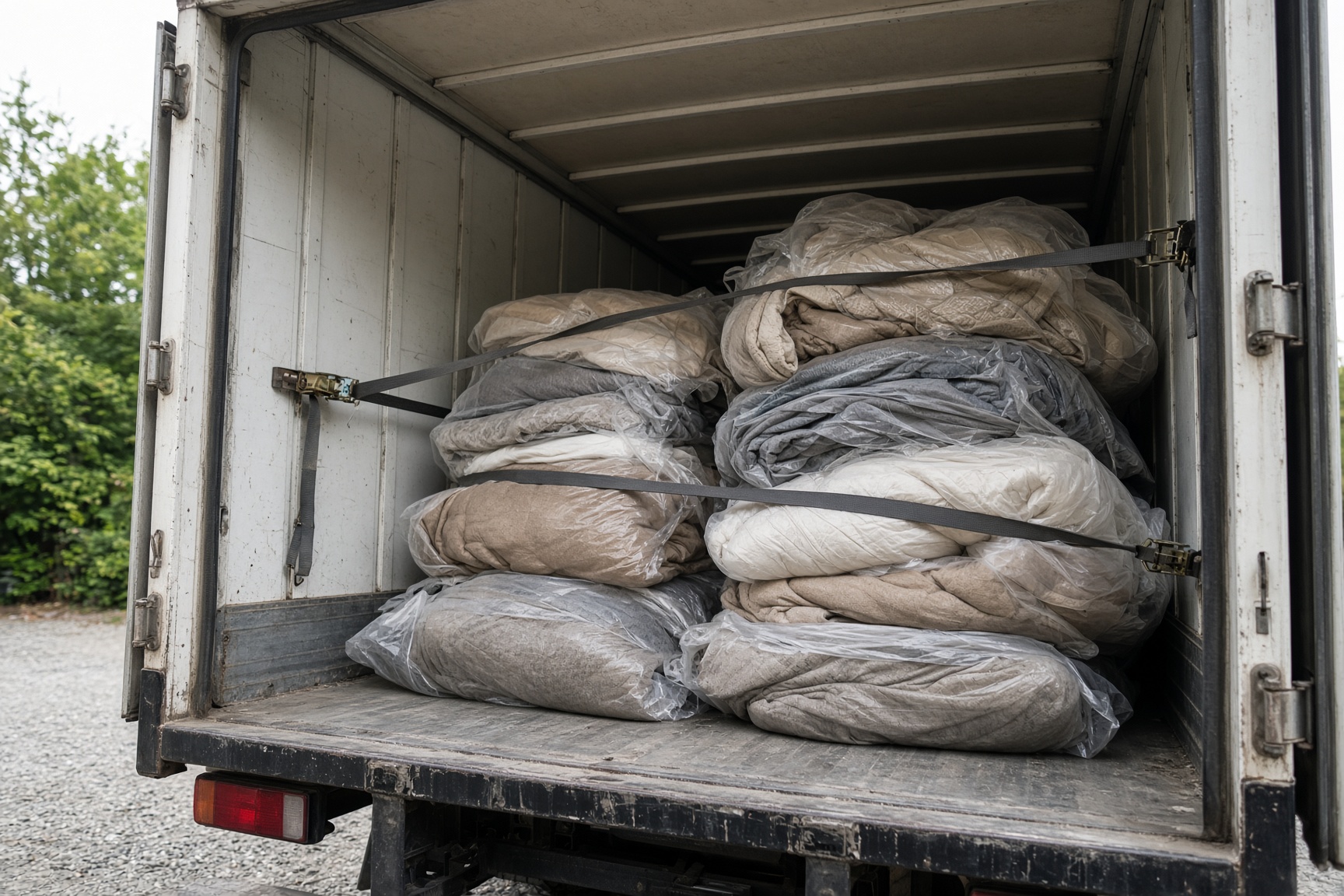 Verpackte Möbel werden mit Decken in einen Koffer-Lkw geladen