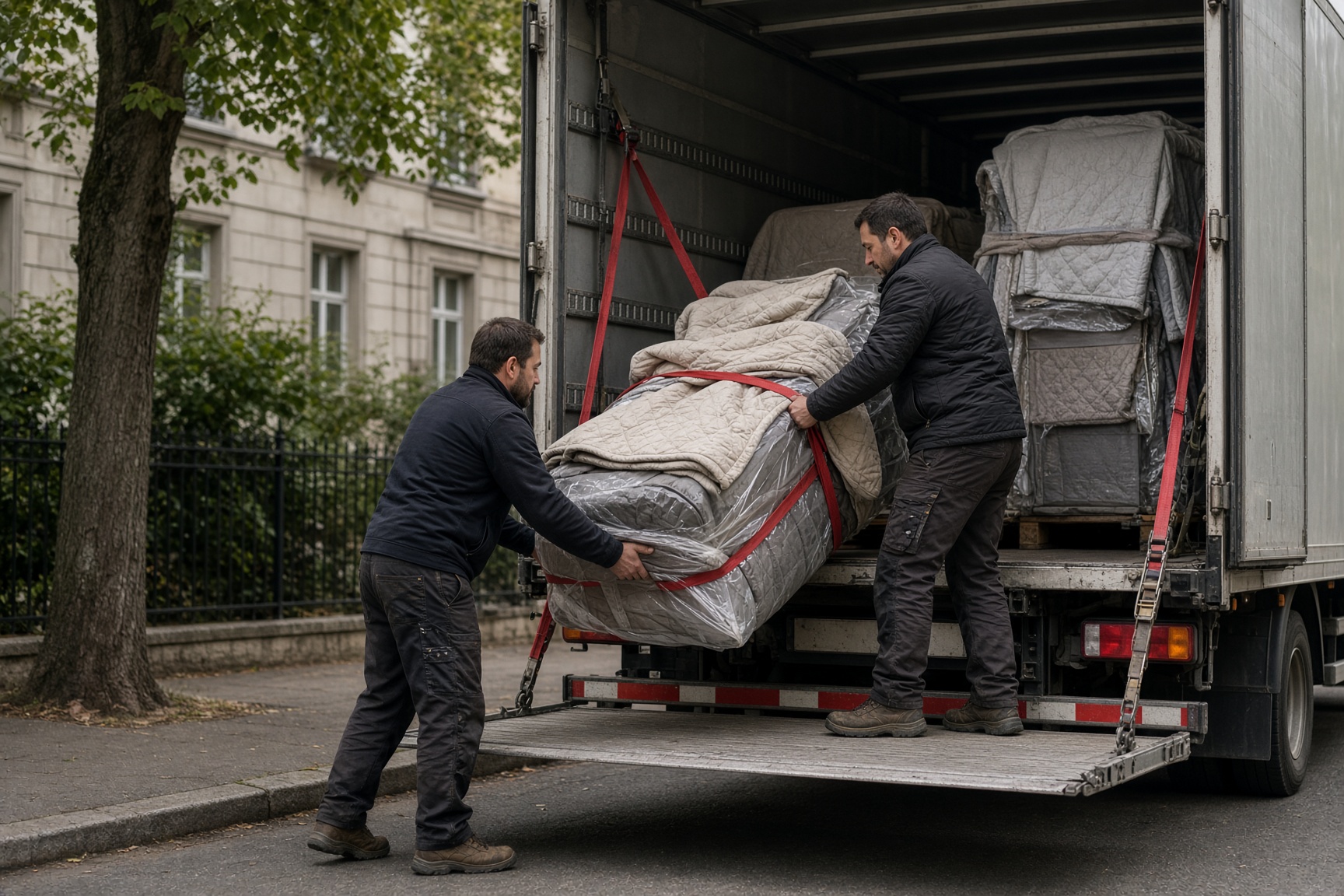 Verpackte Möbel werden mit Decken und Gurten in einen Koffer-Lkw geladen
