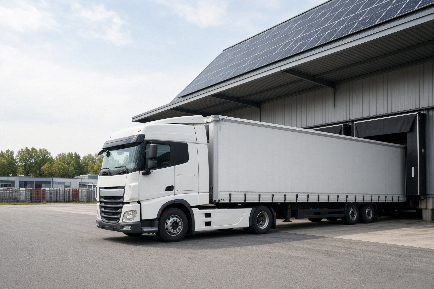 Lkw an einem Terminal mit Solarfläche auf dem Hallendach