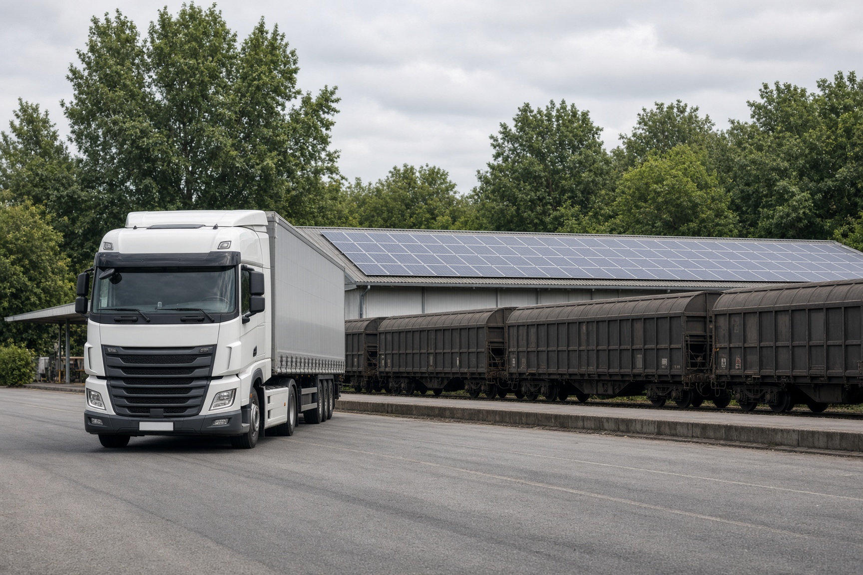 Lkw und Güterzug an einem Terminal mit Solarfläche auf dem Hallendach