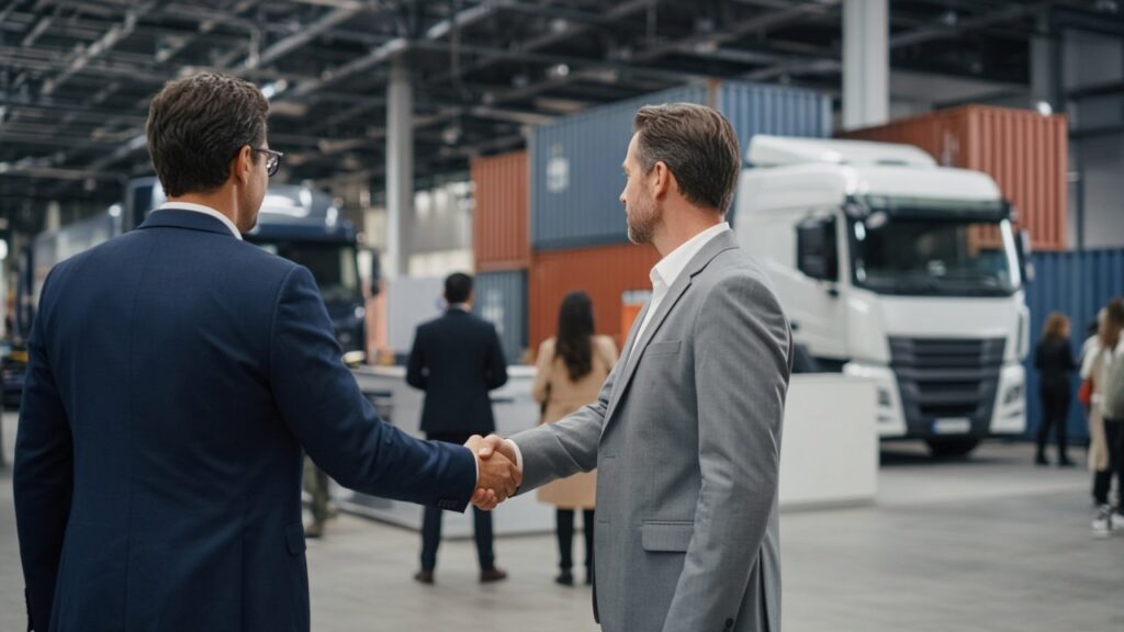 Logistiknetzwerke: Wechselbrücken und Lkw an einem nächtlichen Stückgut-Hub