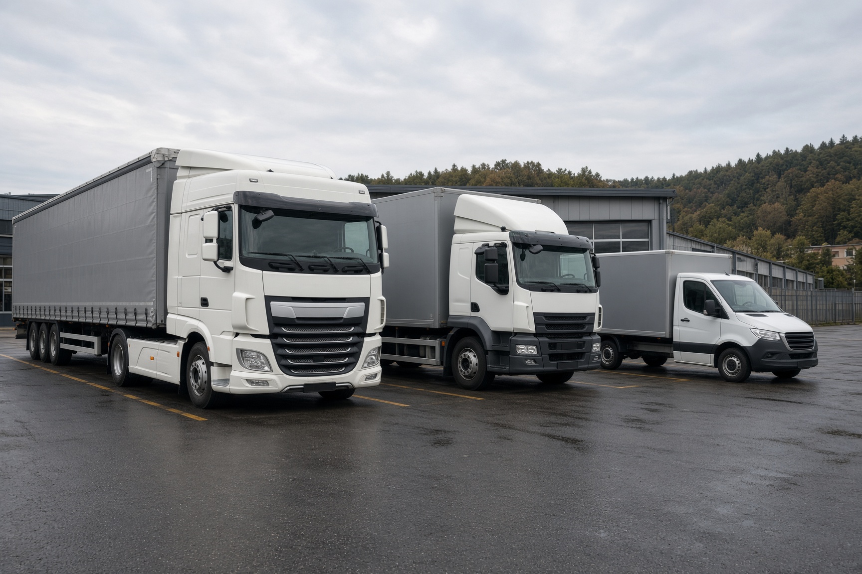 Sattelzug, Lkw und leichter Lastwagen auf einem Nutzfahrzeug-Hof
