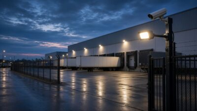 Logistiklager bei Dämmerung mit Sicherheitszaun, Flutlicht und Überwachungskamera an den Laderampen