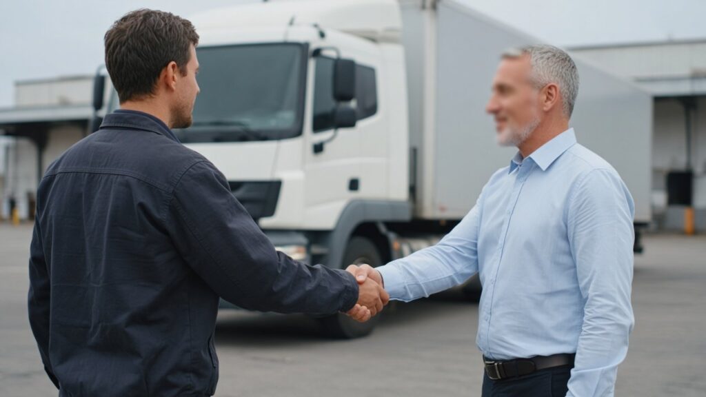 Personal und Recruiting in der Logistik: Bewerbungsgespräch mit einer Lkw-Fahrerin auf dem Betriebshof