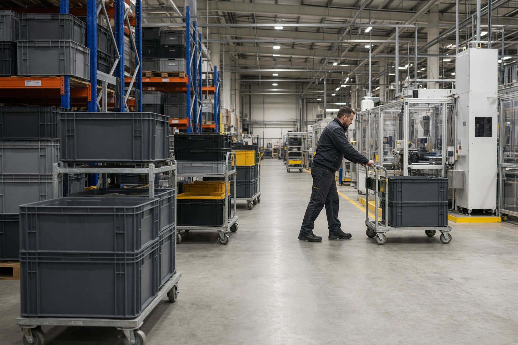 Kleinladungsträger mit Bauteilen auf dem Weg in die Fertigung