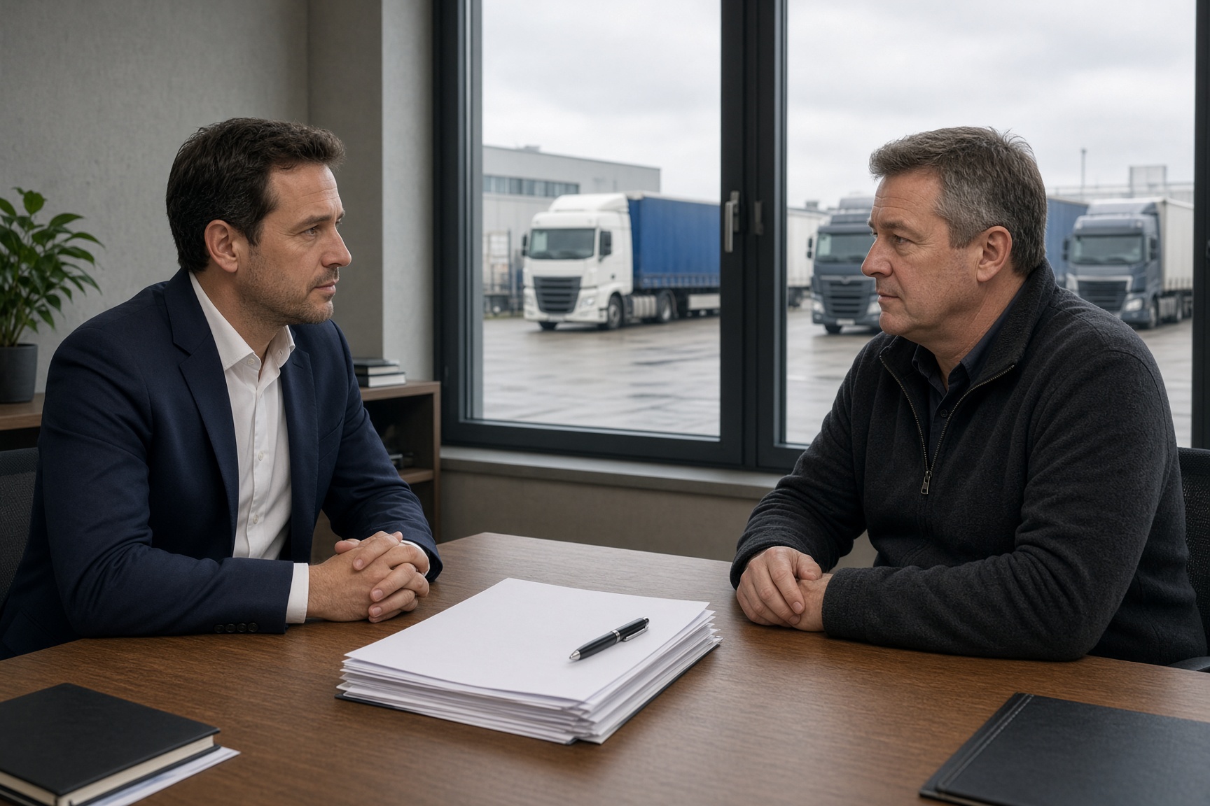 Rechtsberatung im Büro eines Transportunternehmens mit Hof im Hintergrund