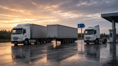 Relais-Modell im Güterkraftverkehr: Trailertausch zweier Sattelzüge am Begegnungspunkt an der Autobahn mit Ladesäule für E-Lkw