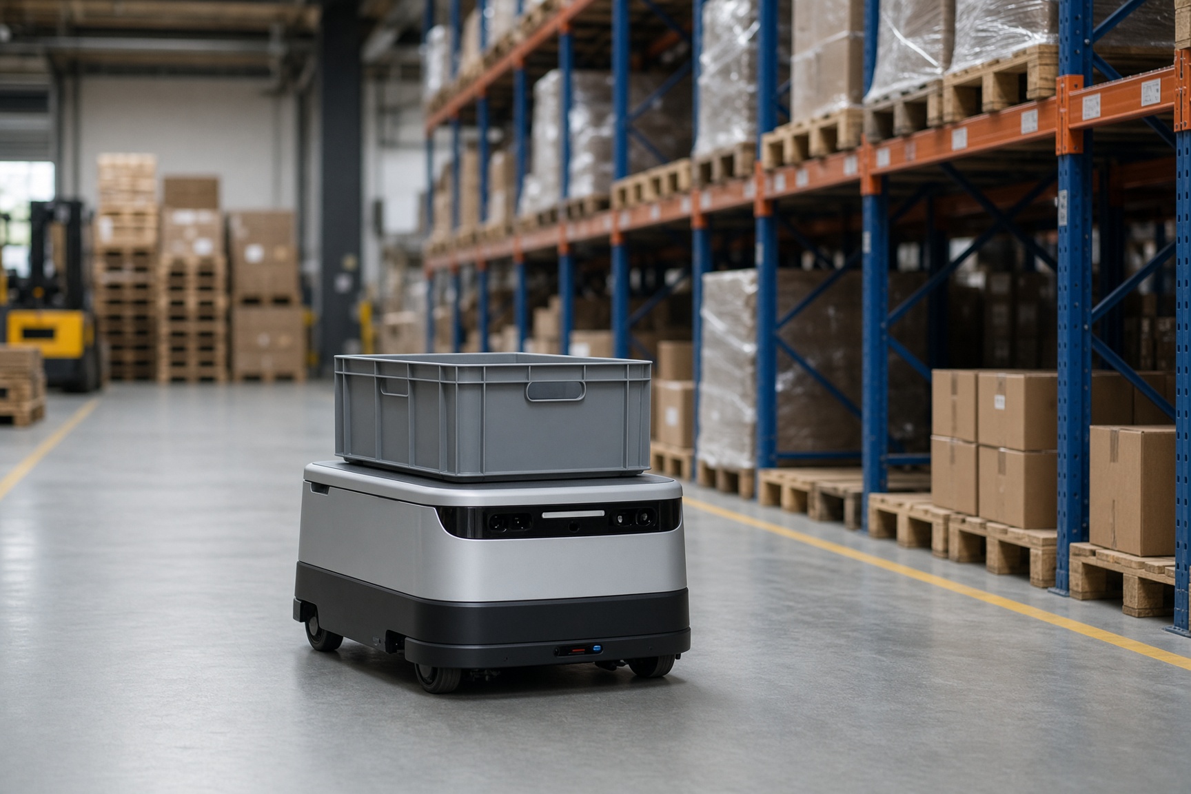 Autonomer Lagerroboter transportiert einen Behälter im Regalgang