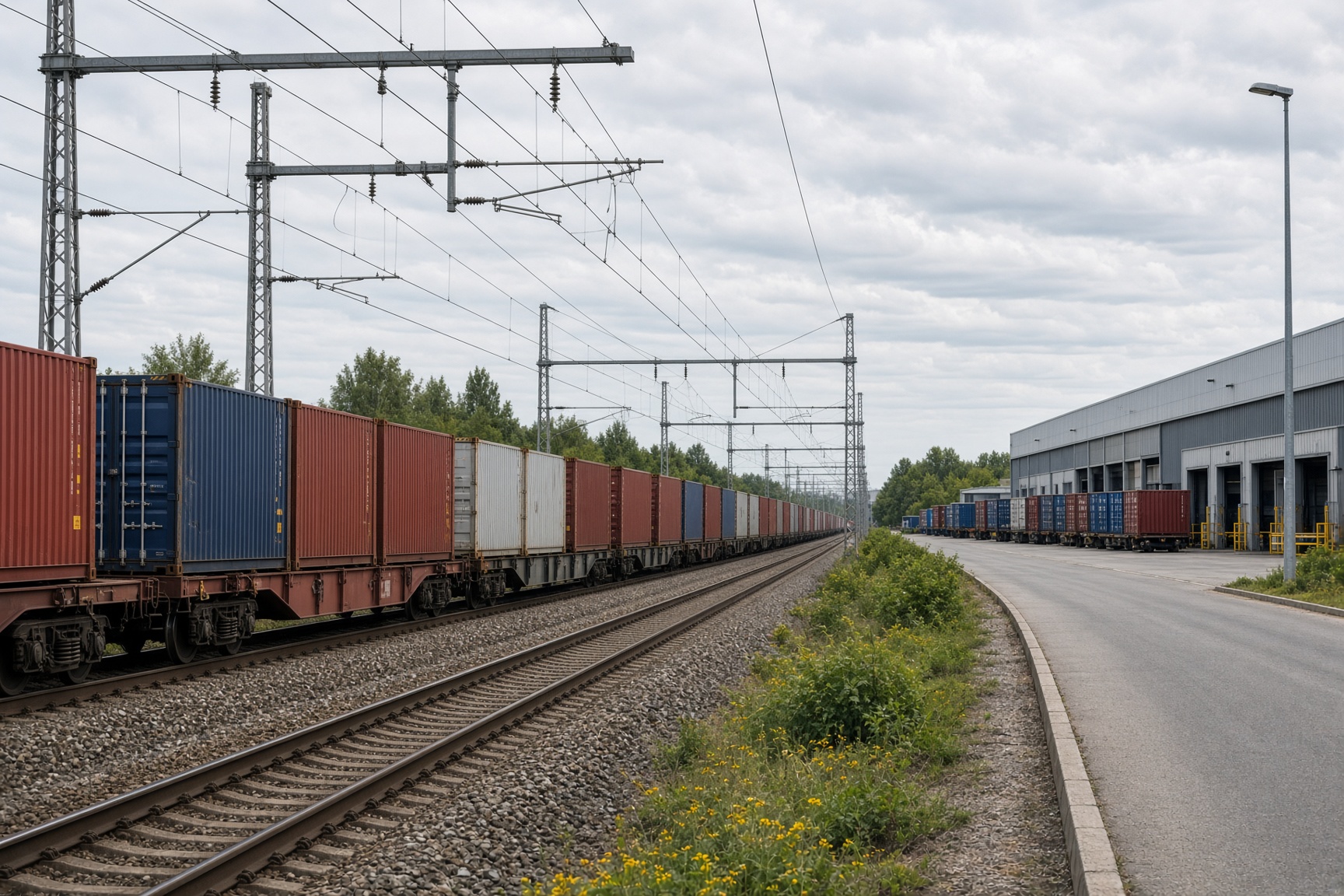 Güterzug mit Containerwagen an einem Logistikterminal