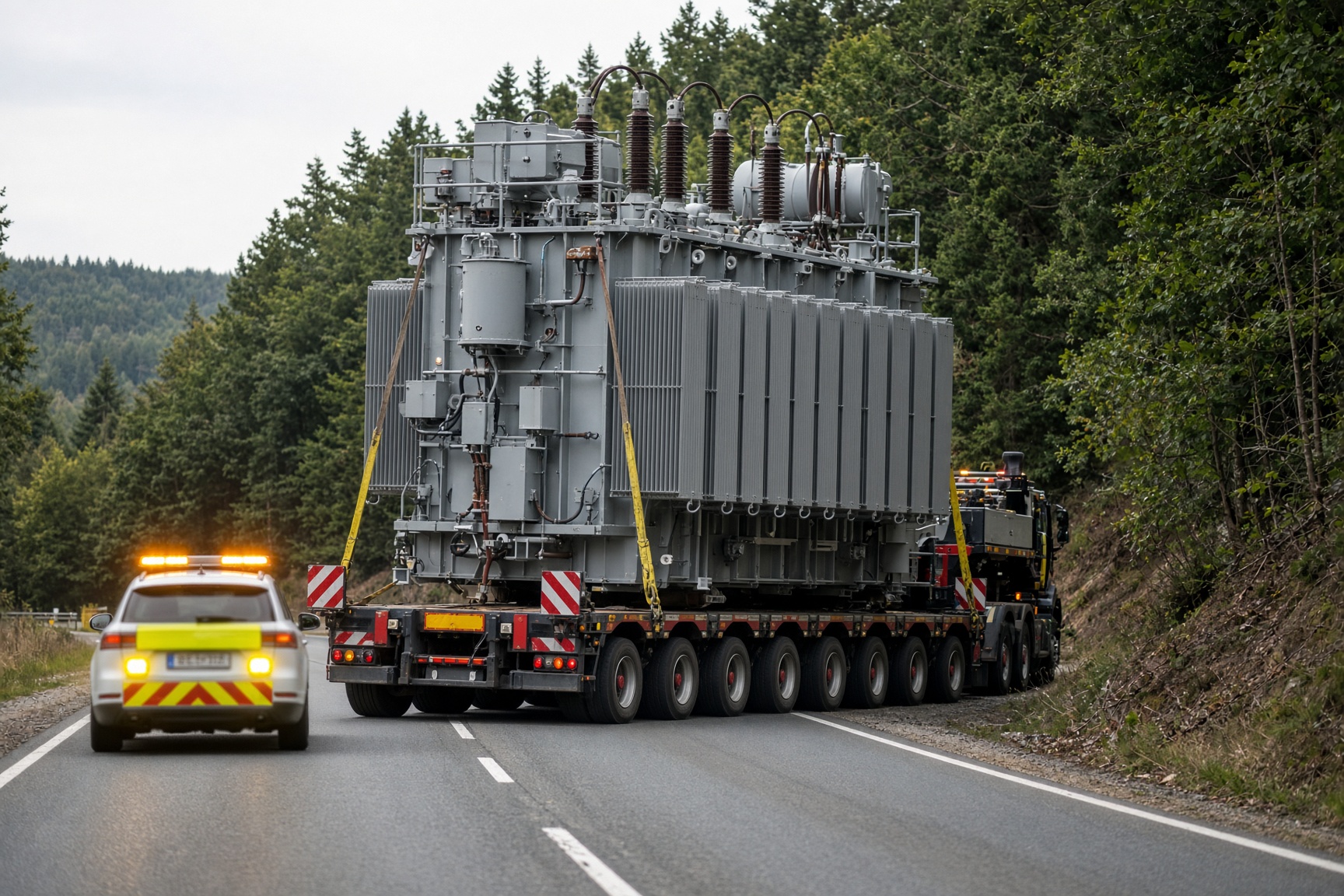 Schweres Industriebauteil auf einem Tieflader mit mehreren Achsen