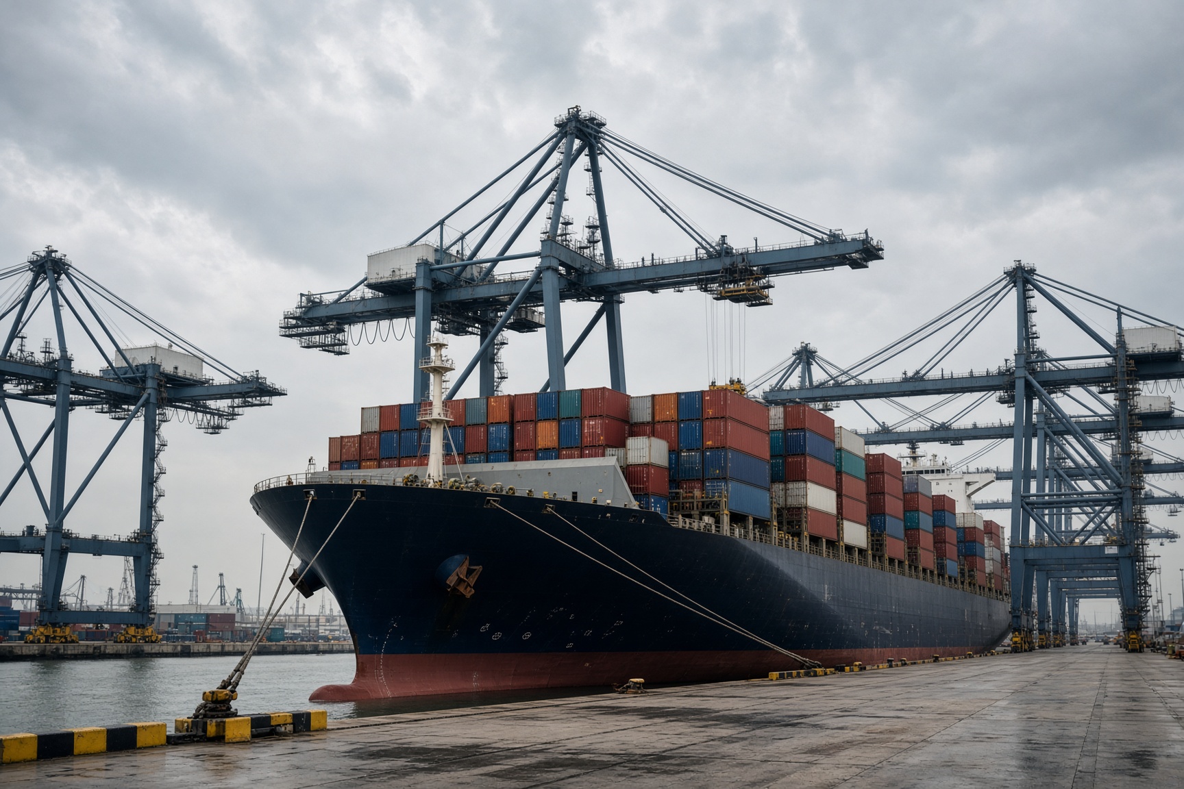 Containerschiff am Kai, Kräne und Containerstapel