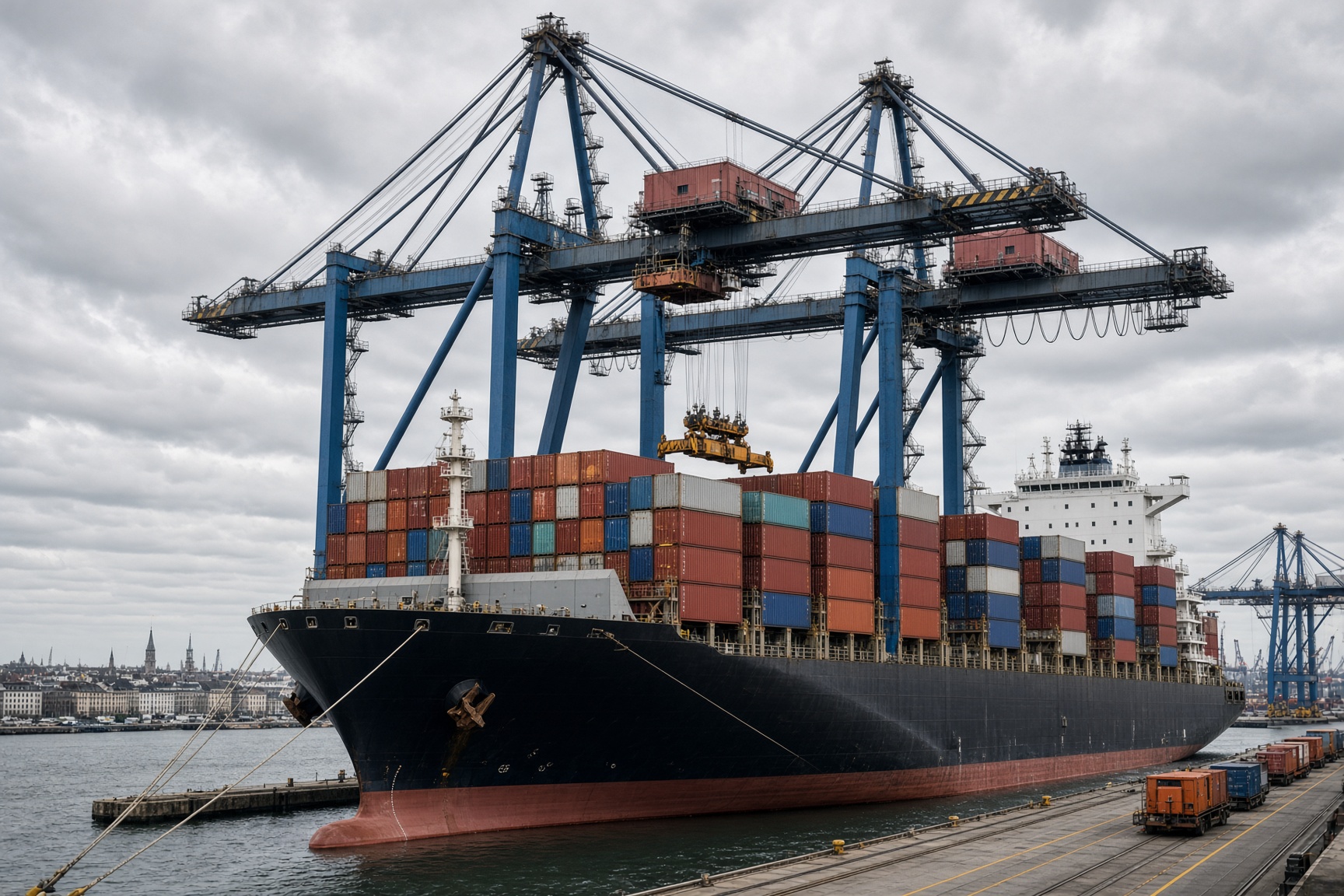 Containerschiff wird im Seehafen von Kränen beladen