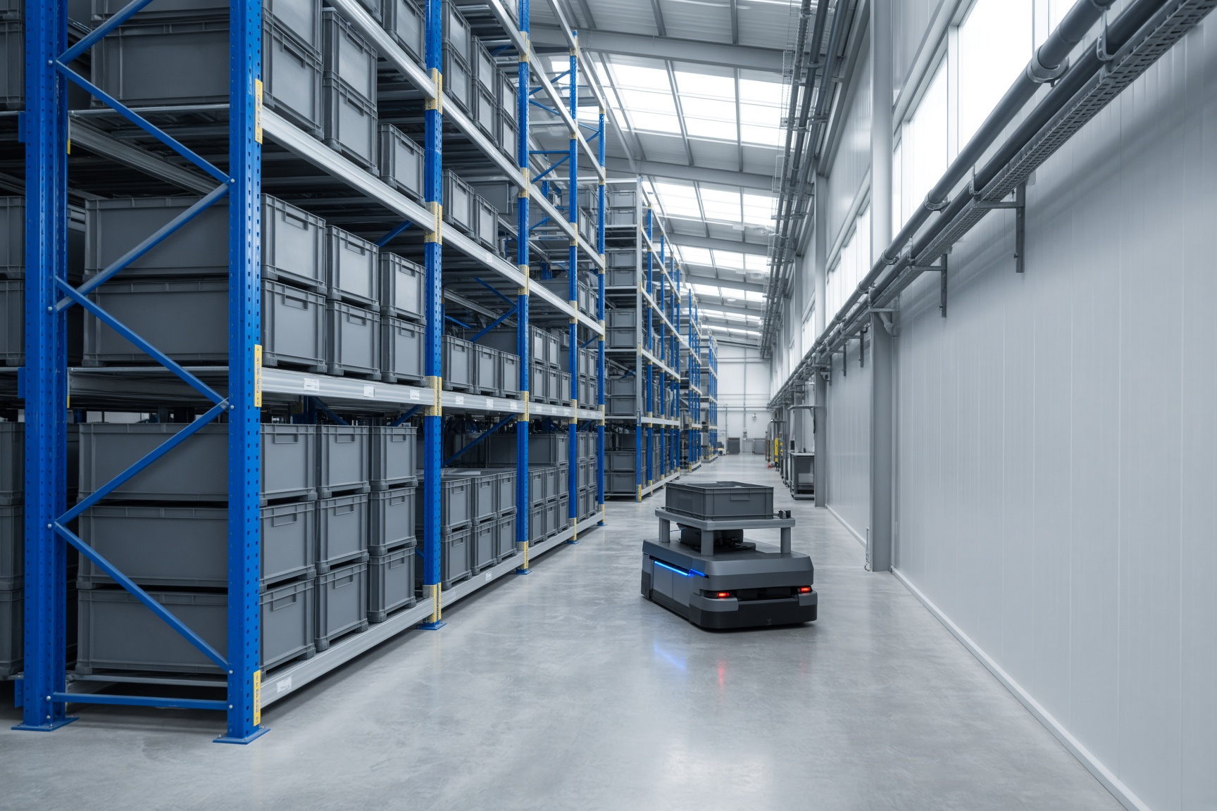 Automatisiertes Lager mit Shuttle und Sensorik in einem Regalgang