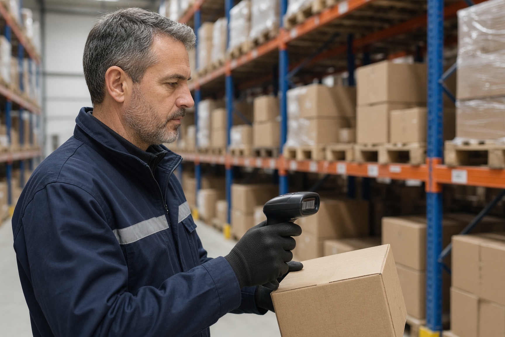 Lagerleitung scannt Ware mit einem Handscanner im Regalgang
