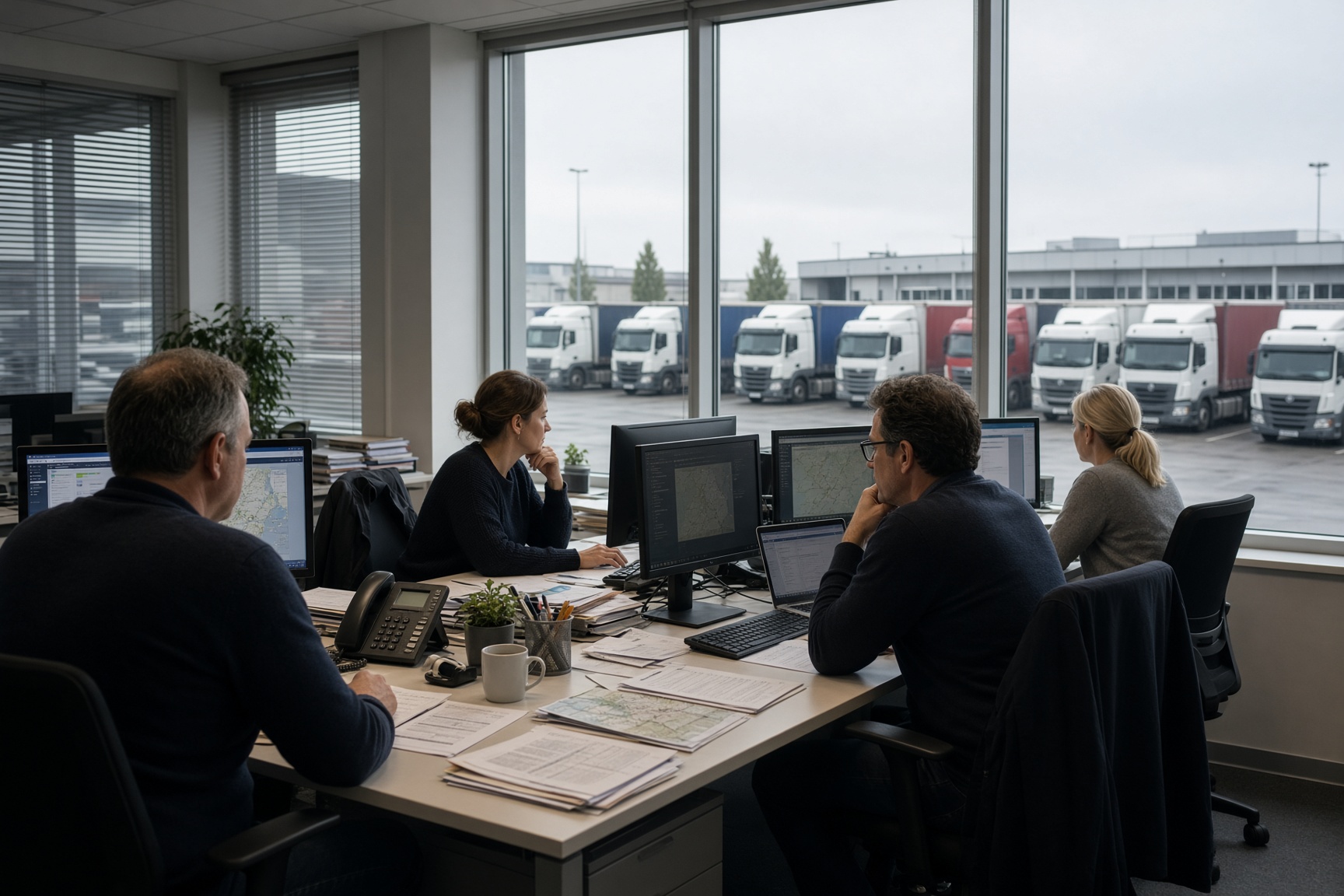 Dispositionsbüro einer Spedition mit Blick auf wartende Sattelzüge