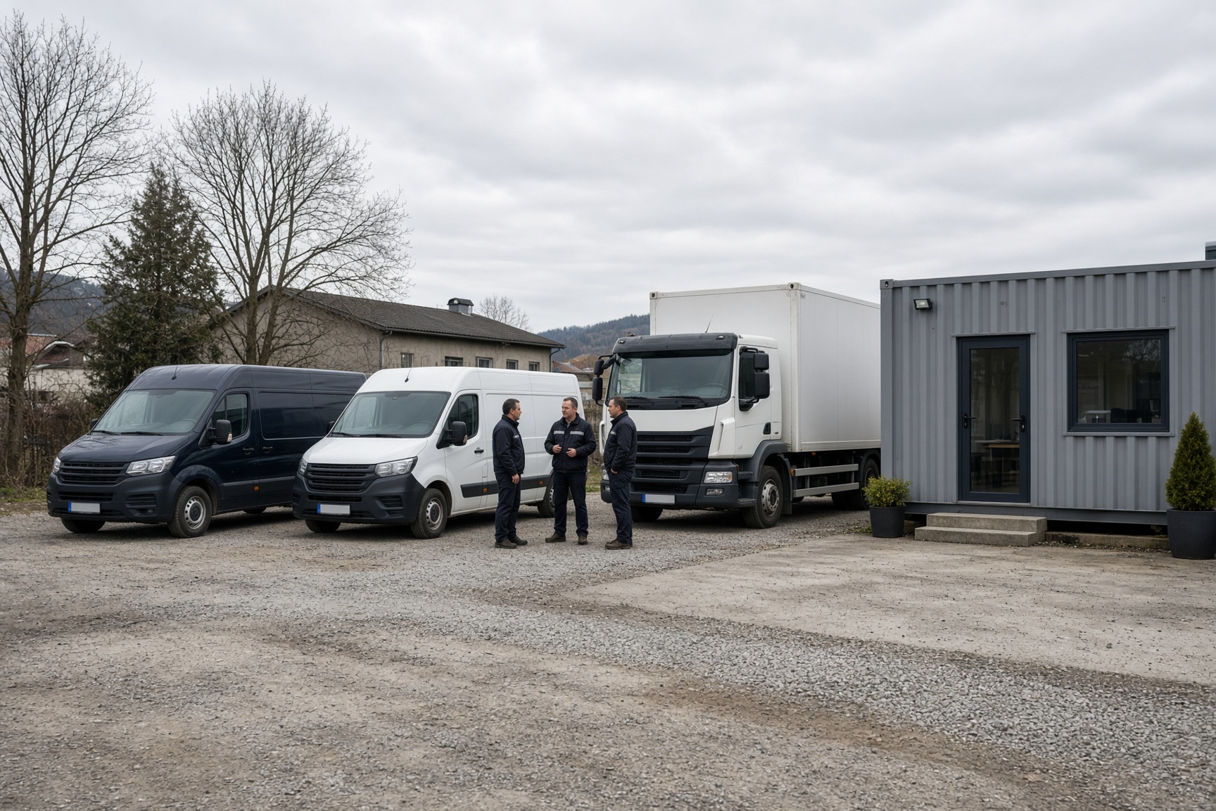 Kleiner Fuhrpark mit Transportern und einem Lkw auf einem jungen Betriebshof