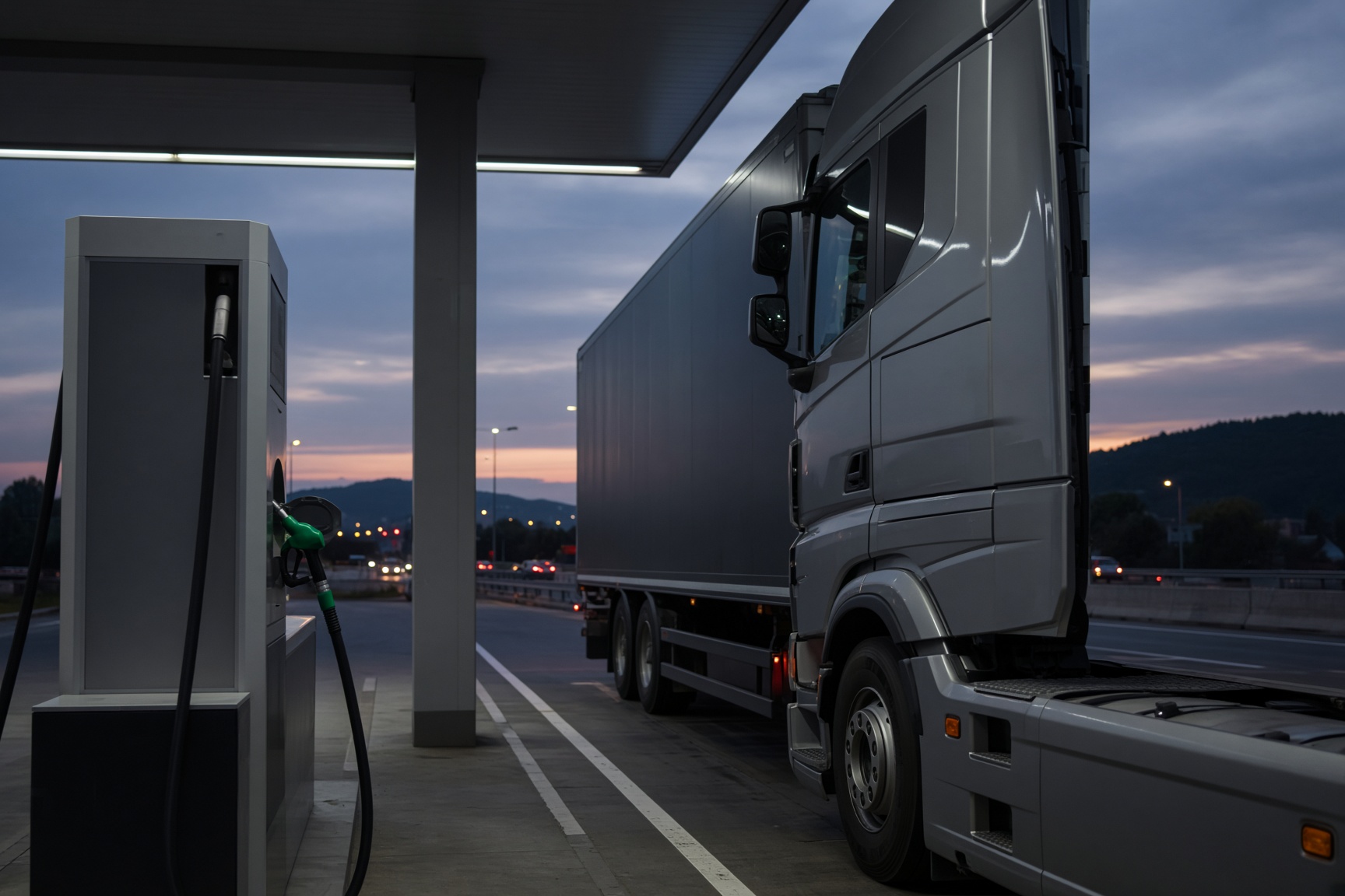 Sattelzug tankt an einer Autobahnraststätte in der Dämmerung