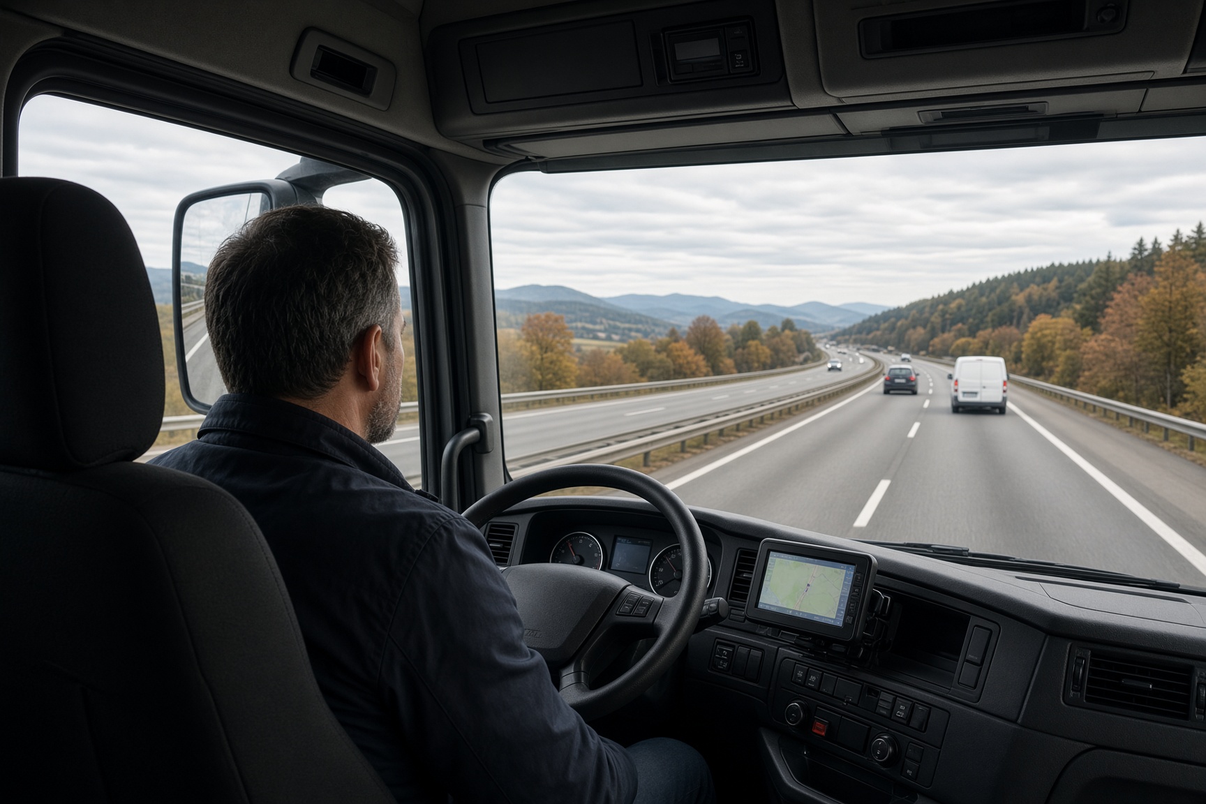 Fahrerkabine mit Telematikdisplay auf der Autobahn