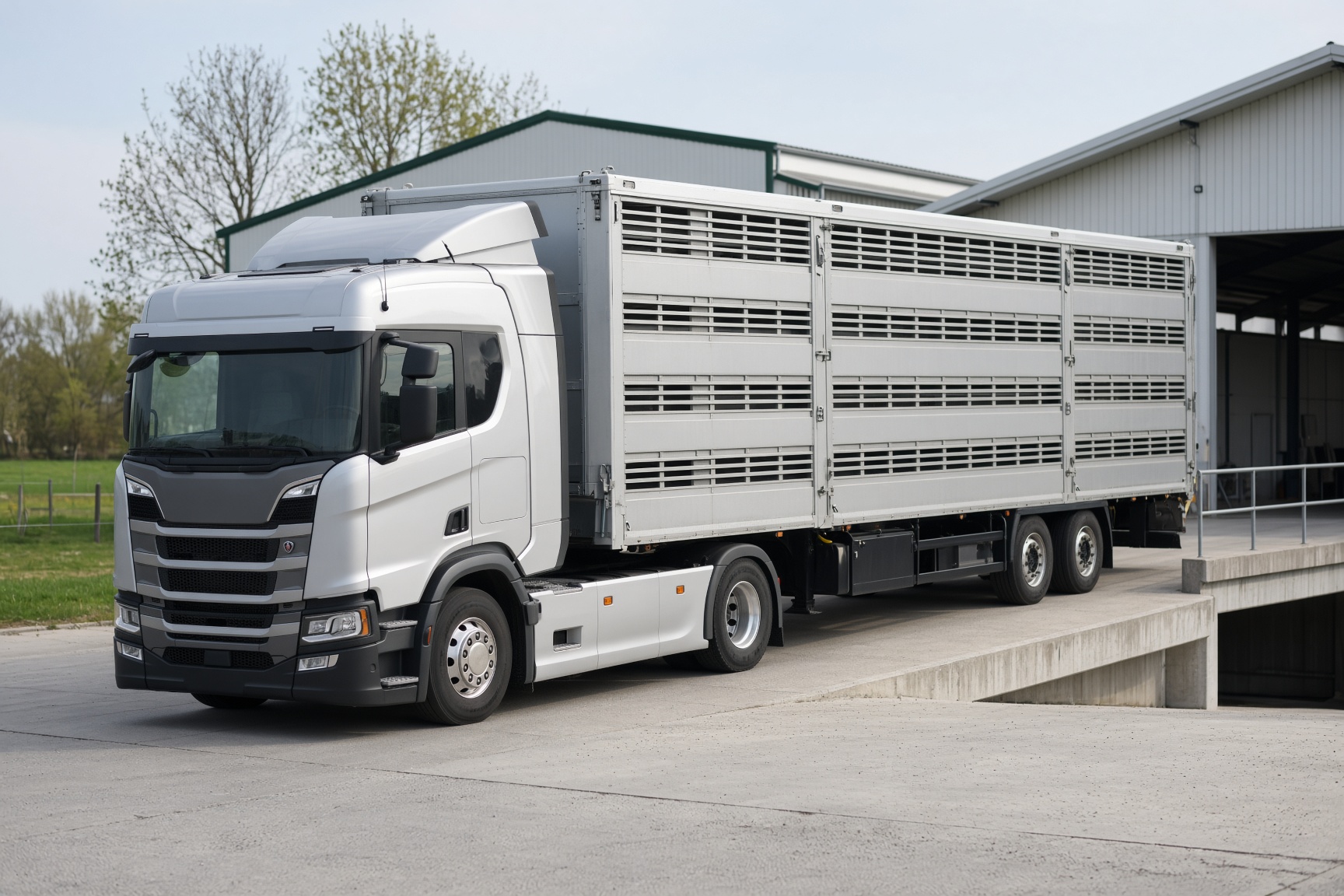 Viehtransporter an einer Laderampe für den Tiertransport