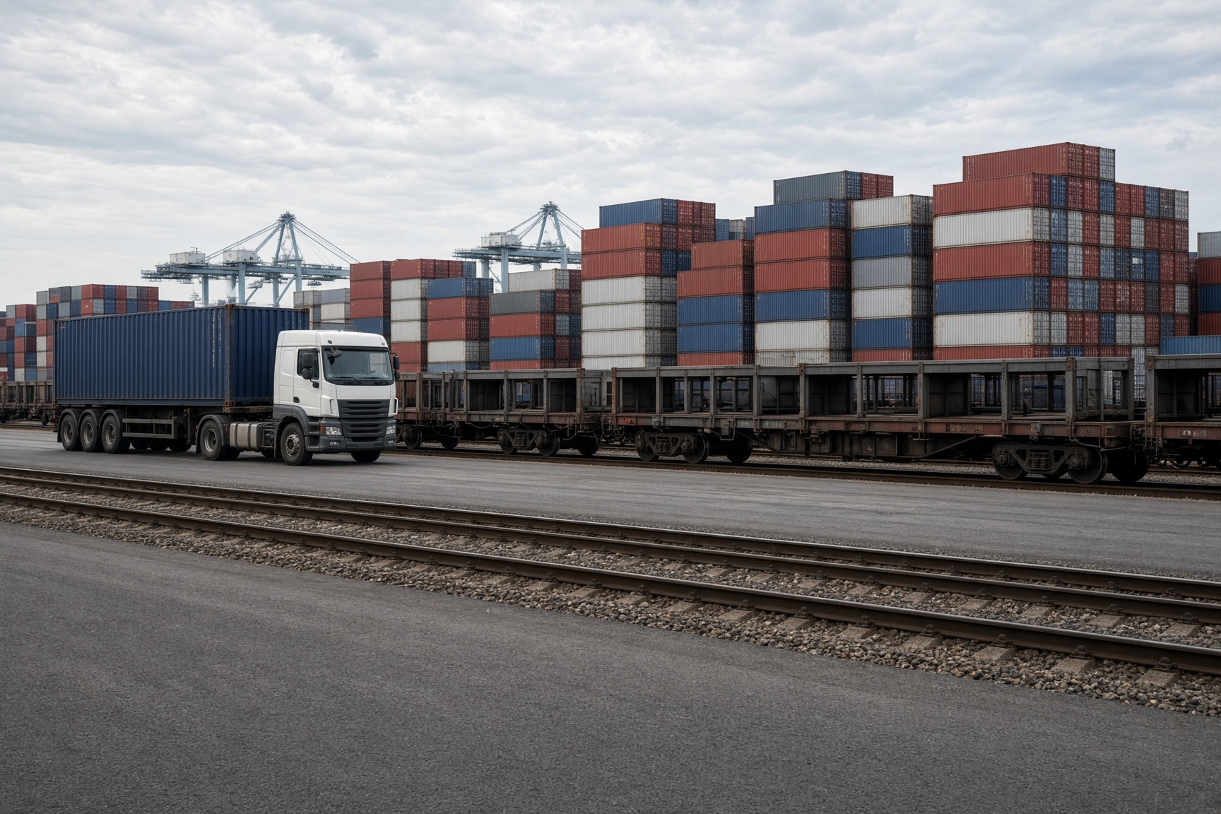 Container-Lkw, Güterwagen und Containerstapel im Kombiterminal