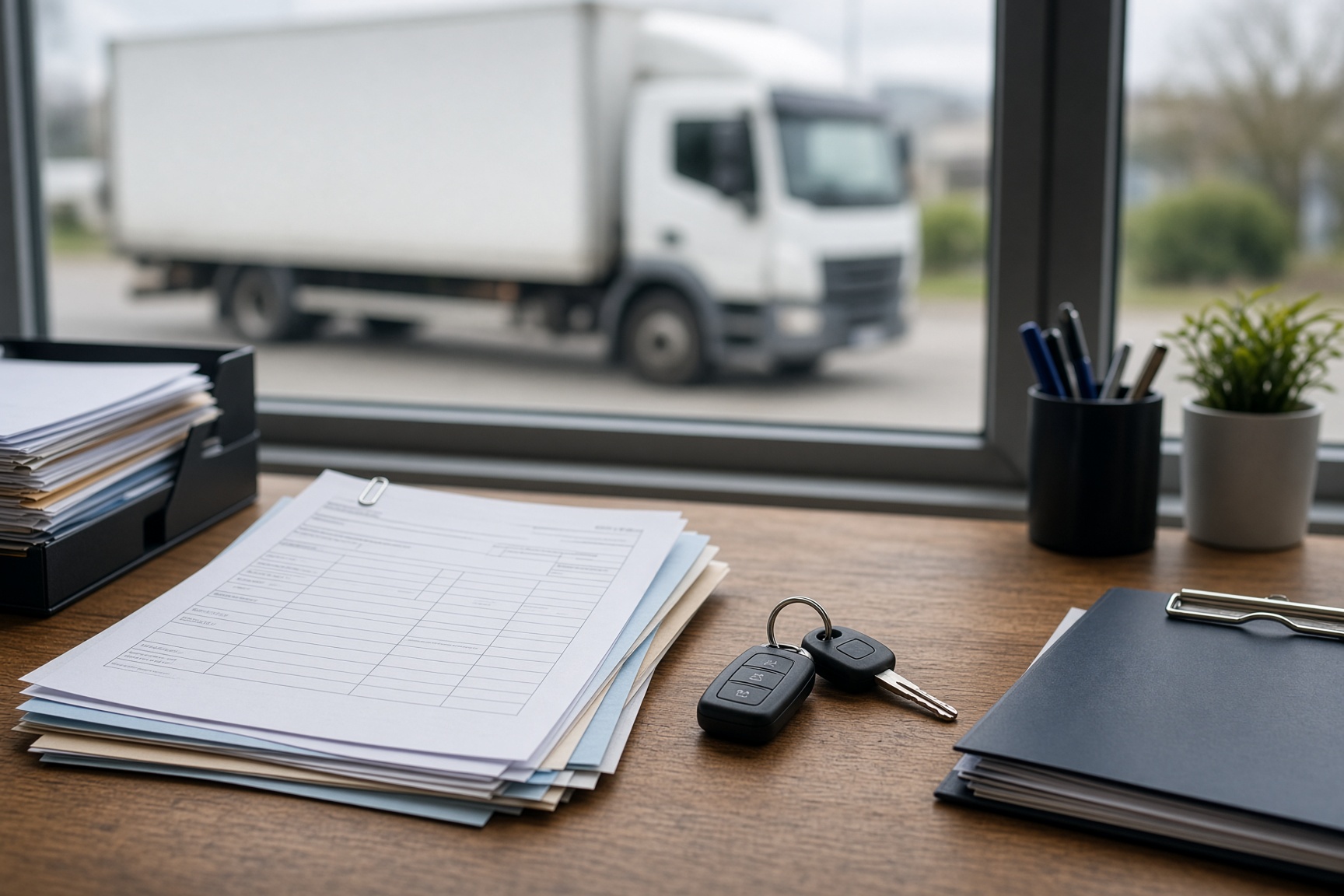 Schreibtisch einer Spedition mit Fahrzeugschlüssel und Lkw vor dem Fenster
