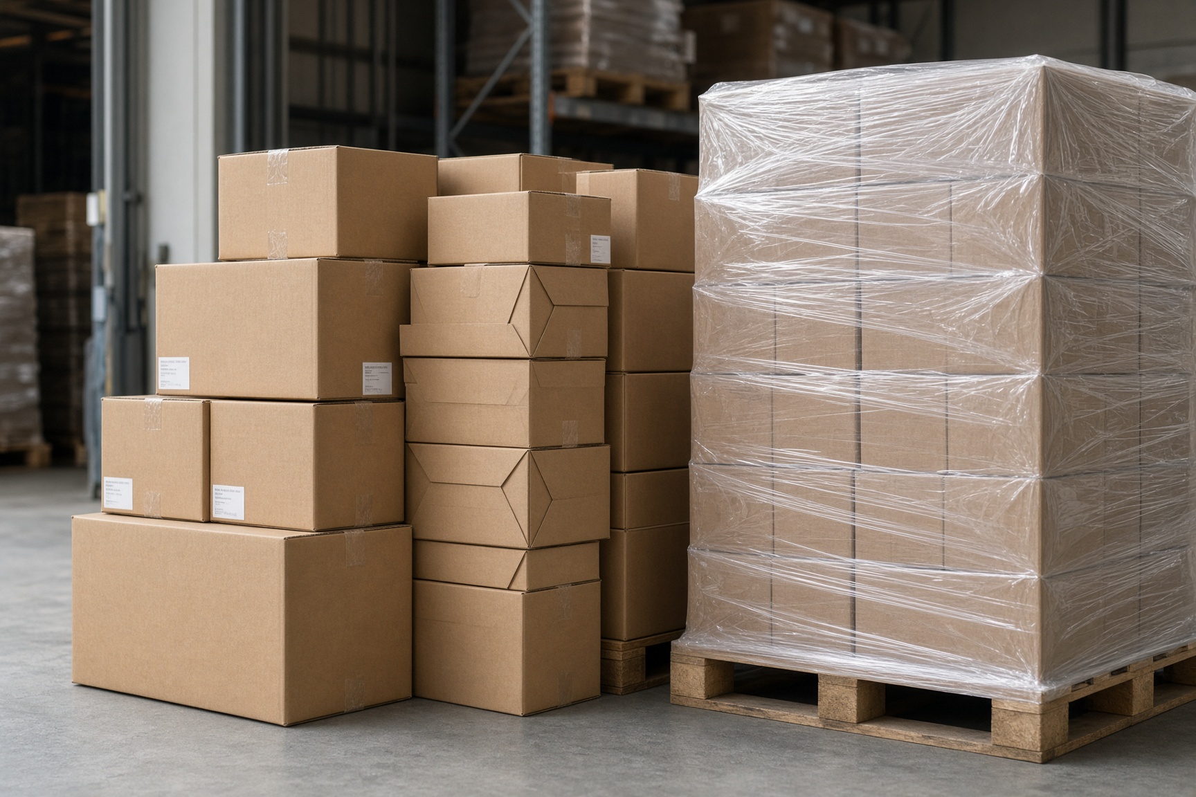 Kartons und eine folierte Palette als Transportverpackung im Packbereich