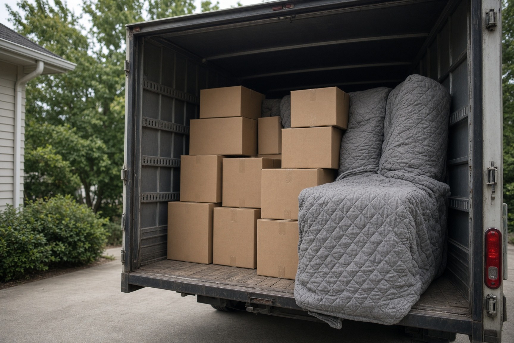 Gestapelte Umzugskartons und eine Decke vor einem Koffer-Lkw