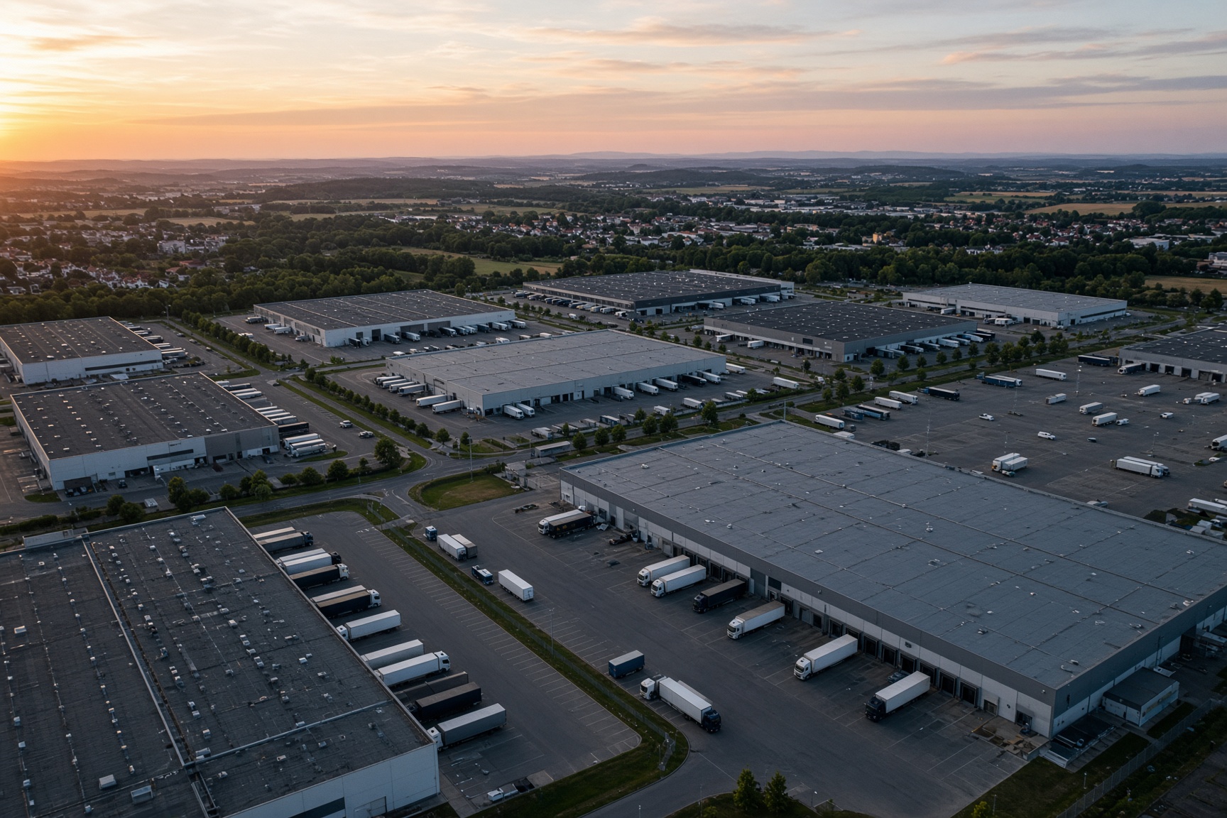 Luftaufnahme eines Logistikparks mit Hallen und Lkw-Höfen