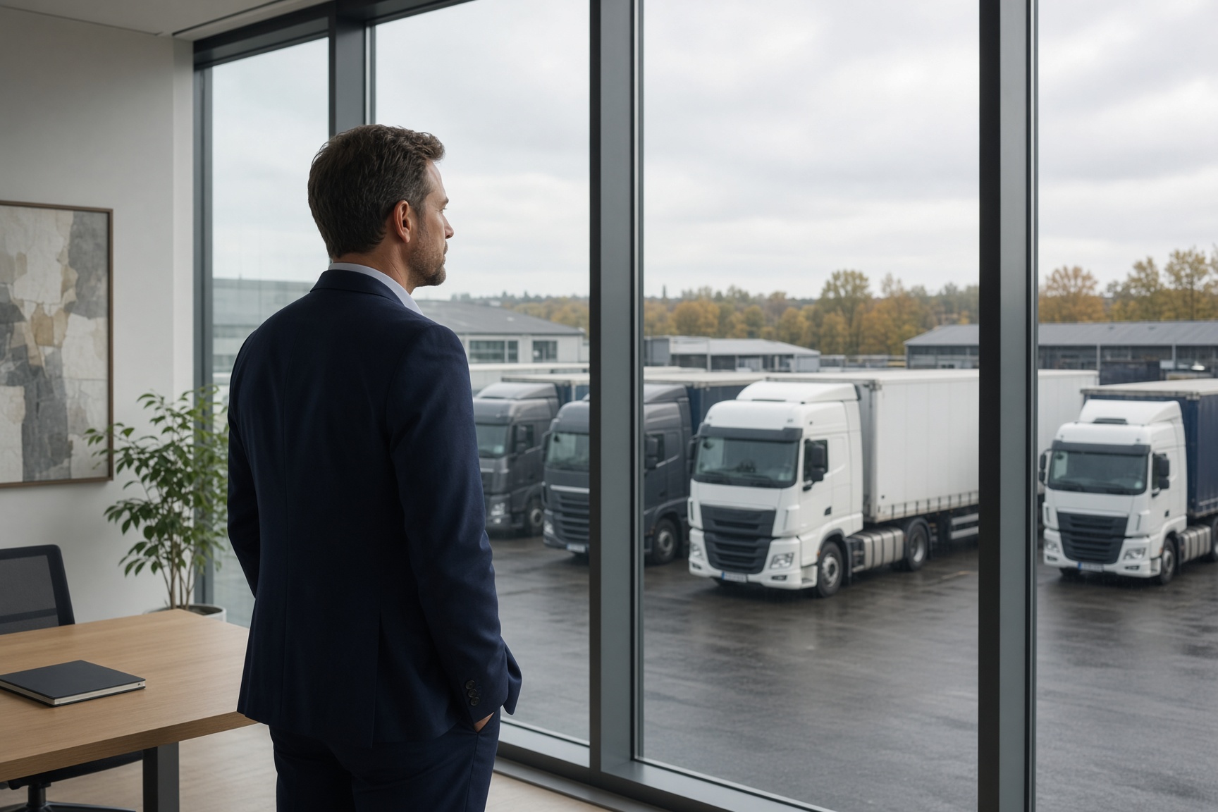 Logistikleitung im Büro mit Blick auf den Fuhrpark im Hof