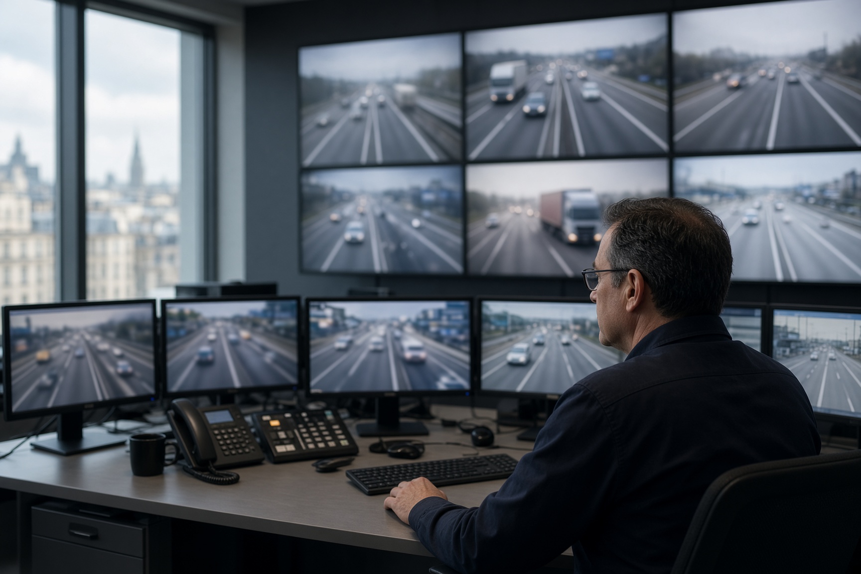 Leitstelle mit Blick auf eine Autobahn voller Lkw