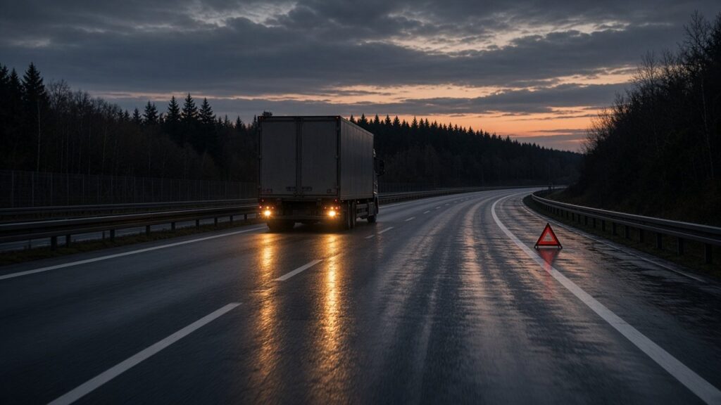Verkehrssicherheit: Lkw hält beim Abbiegen an einer Kreuzung für einen Radfahrer