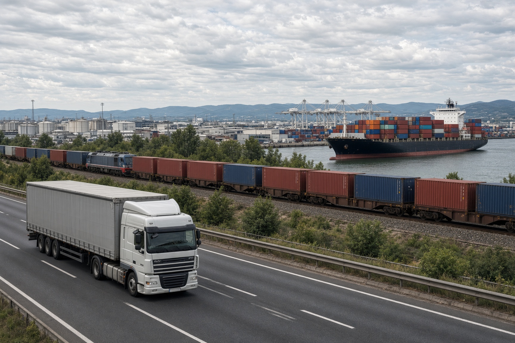 Lkw, Güterzug und Containerschiff als die wichtigsten Verkehrsträger