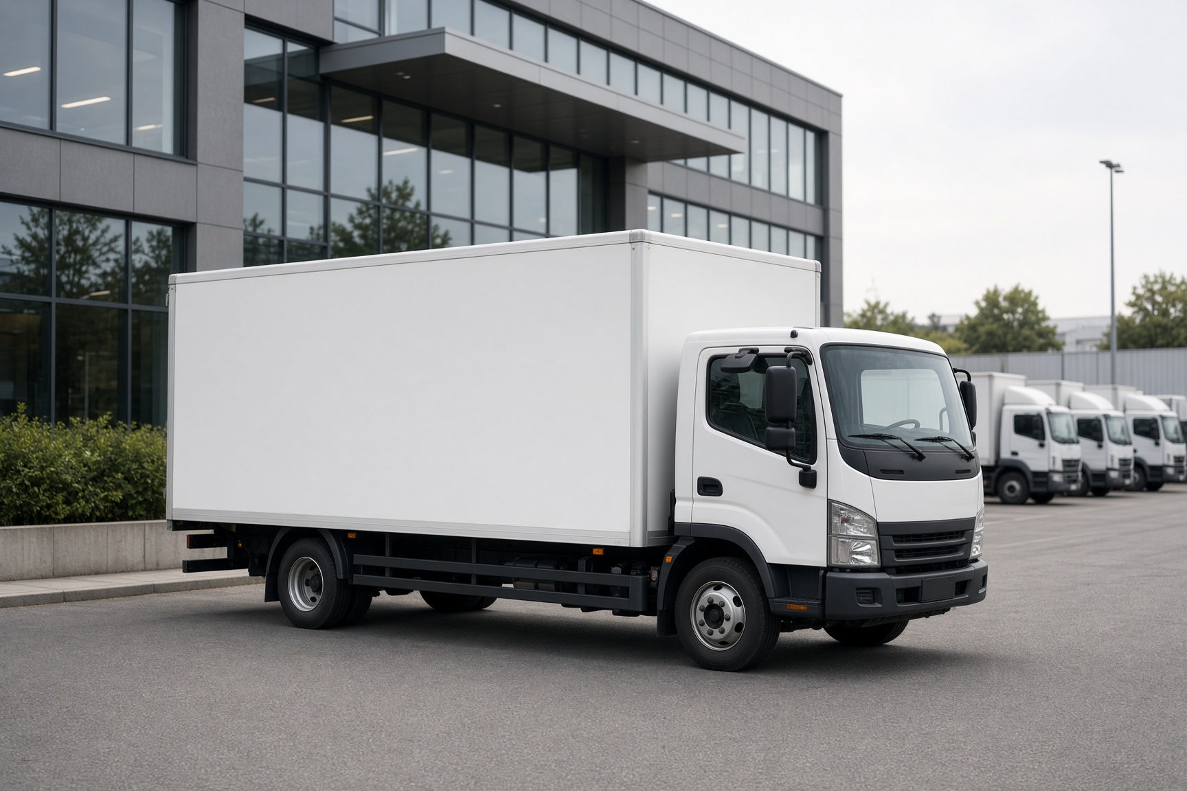 Unbeschrifteter Kastenwagen vor einem Logistikbüro als Motiv für Transportwerbung