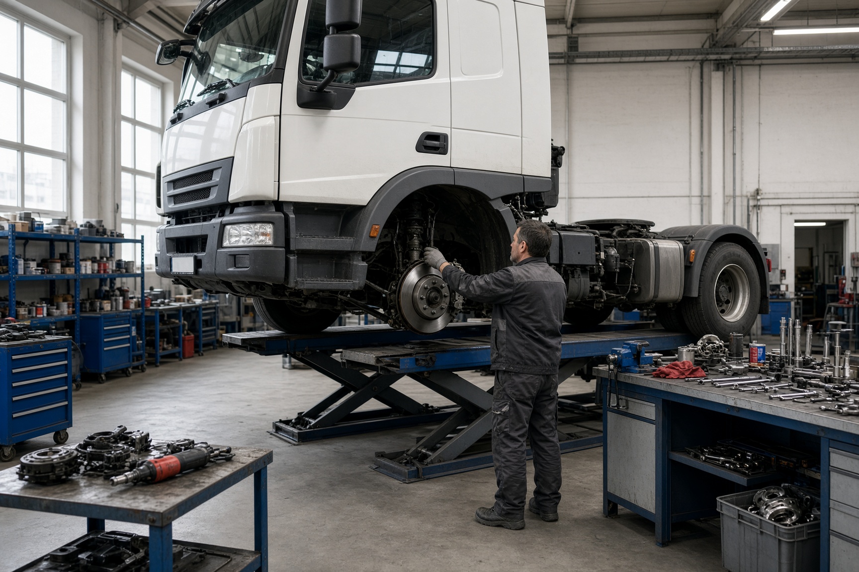 Nutzfahrzeug in der Werkstatt auf der Hebebühne bei der Wartung