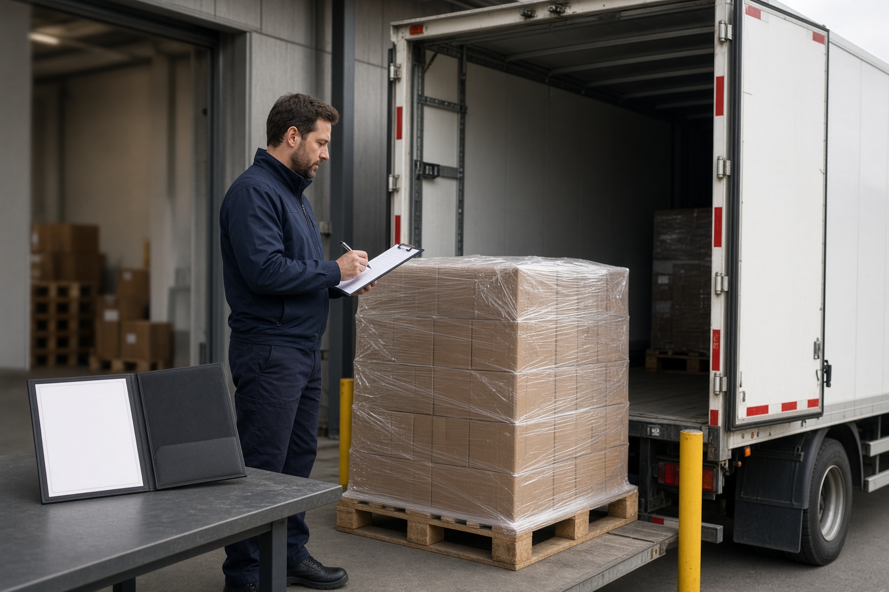 Prüfer kontrolliert eine verplombte Palette an der Laderampe neben einem Sattelzug