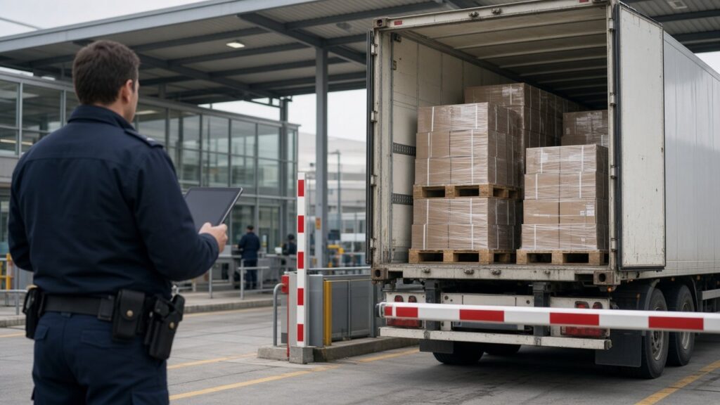 Zoll im Transport: Lkw wartet an einer Zollabfertigung, Beamter prüft Frachtpapiere